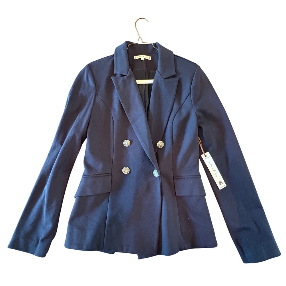 Willow & Clay Navy Blue Double Breasted Blazer Silver Crest Button Jacket XS NEW